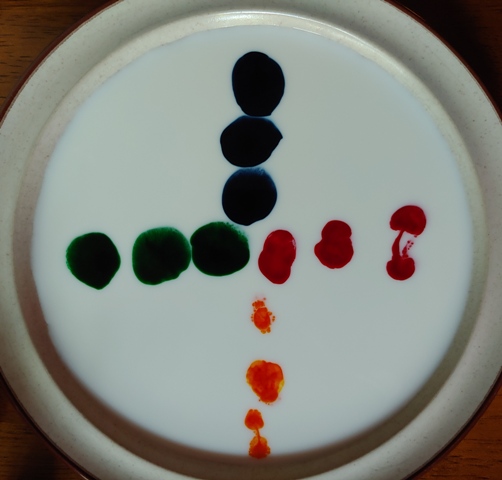 A flat plate with drops of liquid food coloring arranged in the milk.