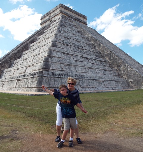 Andrew's leg descrepancy is clearly seen in this photo of us in front of the pyramid at Chitzen Itza, Mexico.