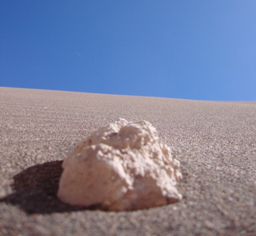 A piece of sandstone amidst the sand grains of a dune.