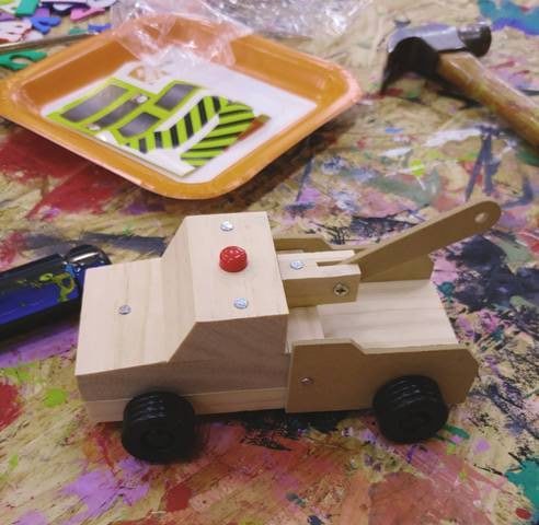 Completed wooden truck at the Home Depot Kids Workshop