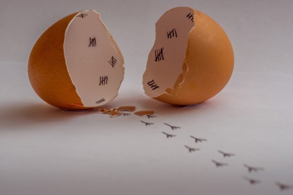Cracked Egg with chick prints leading away from it