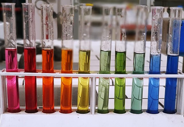 Rainbow liquids in test tubes.