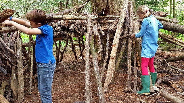 Children making a fort of sticks.